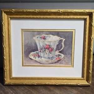 Floral Teacup Framed Art By Barbara Mock " Rose Nosegay Teacup"